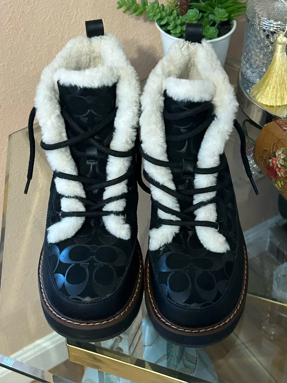 Coach Signature Imani Black White Ankle Booties with Faux Fur Trim Size 8.5